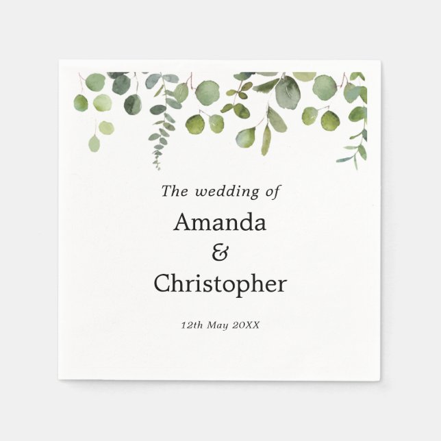 Watercolor Eucalyptus Greenery Wedding Party Napkins (Front)