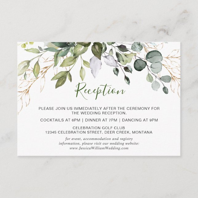 Watercolor Eucalyptus Greenery Wedding Reception Enclosure Card (Front)