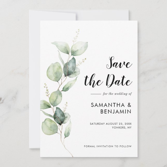 Watercolor Eucalyptus Greenery Wedding Save The Date (Front)