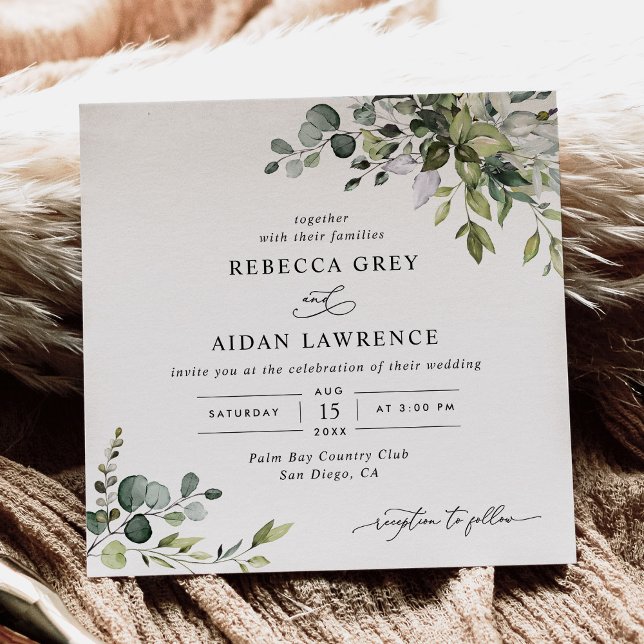 Watercolor Eucalyptus Greenery Wedding Square Invitation (Creator Uploaded)
