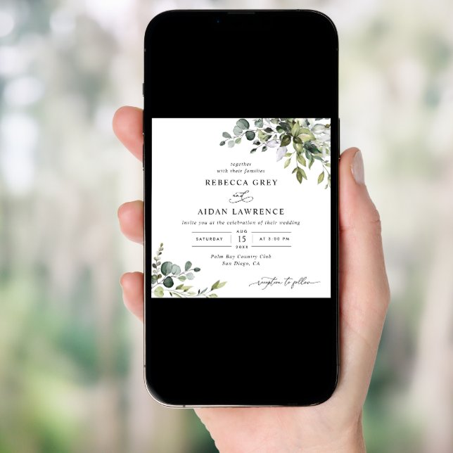 Watercolor Eucalyptus Greenery Wedding Square Invitation (Front Digital)