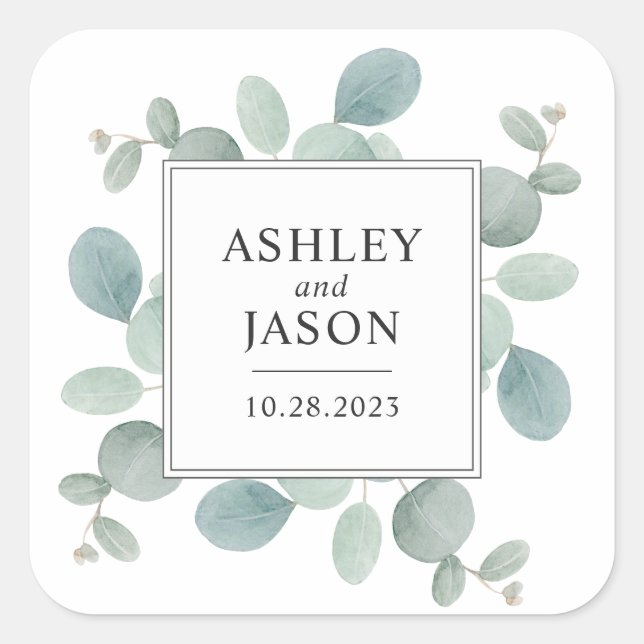Watercolor Eucalyptus Greenery Wedding Square Sticker (Front)
