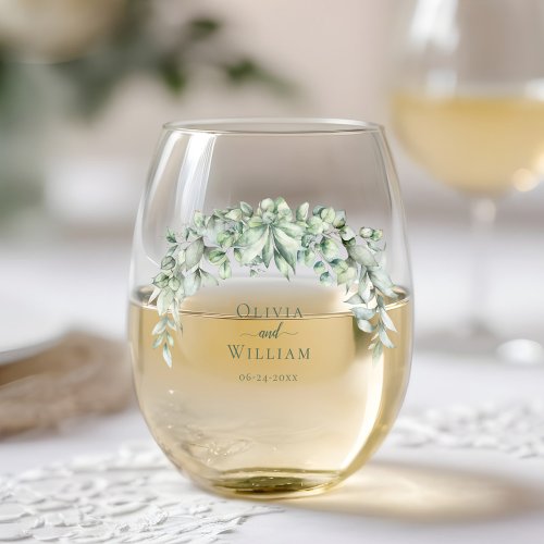 Watercolor Eucalyptus Greenery Wedding Stemless Wine Glass