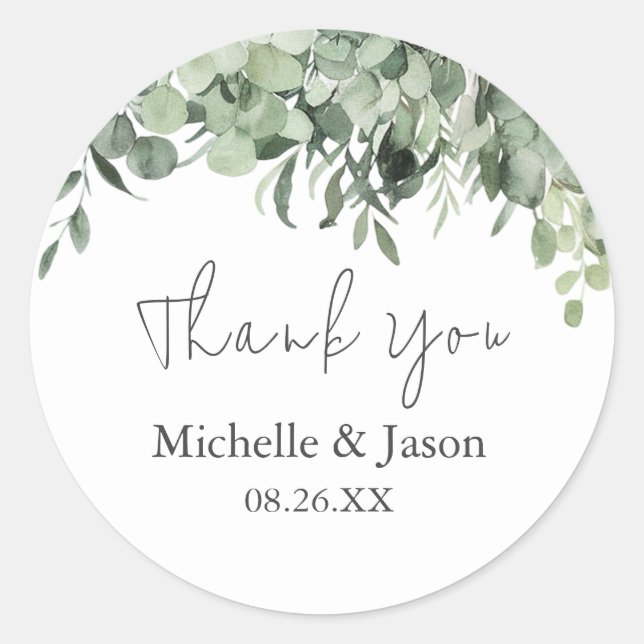Watercolor Eucalyptus Greenery Wedding Thank You Classic Round Sticker (Front)