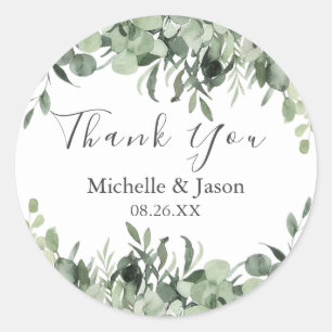 Watercolor Eucalyptus Greenery Wedding Thank You Classic Round Sticker