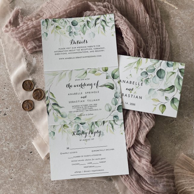 Watercolor Eucalyptus Greenery Wedding  Tri-Fold Invitation (Creator Uploaded)
