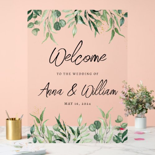 Watercolor Eucalyptus Greenery Wedding Welcome Acrylic Sign