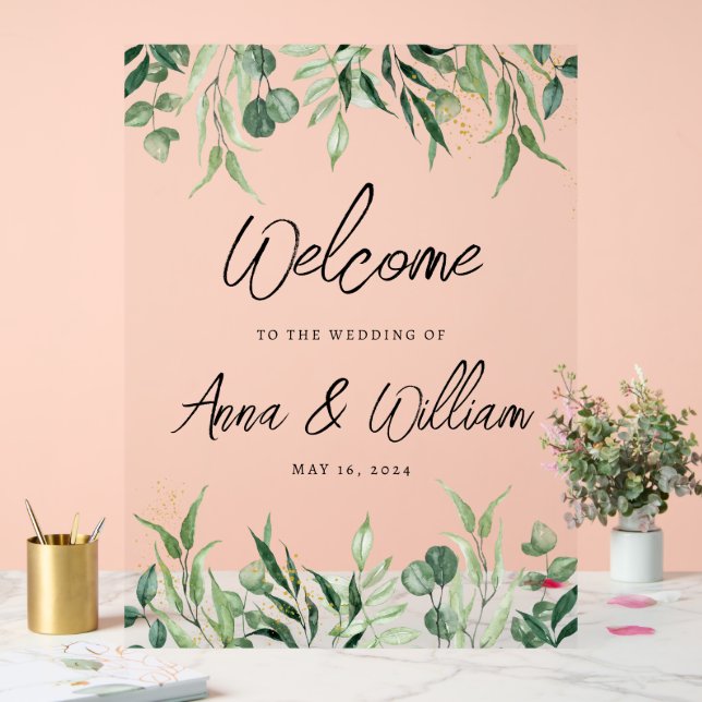 Watercolor Eucalyptus Greenery Wedding Welcome Acrylic Sign (Wedding)