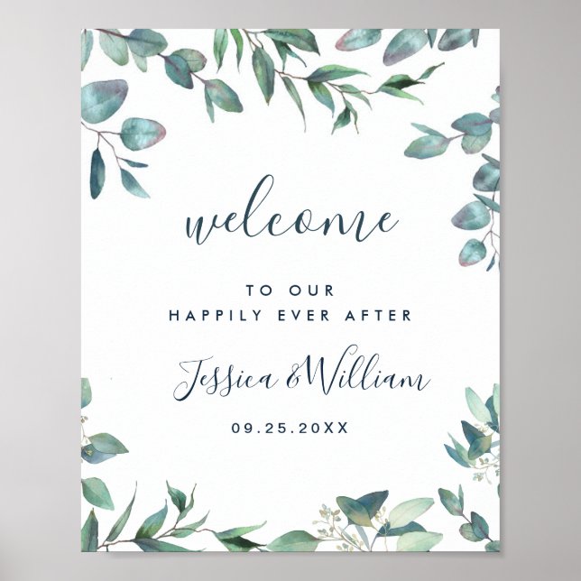Watercolor Eucalyptus Greenery Wedding Welcome Poster (Front)