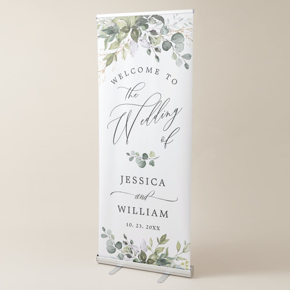 Disover Watercolor Eucalyptus Greenery  Wedding Welcome Retractable Banner