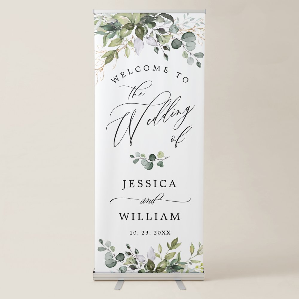 Disover Watercolor Eucalyptus Greenery  Wedding Welcome Retractable Banner