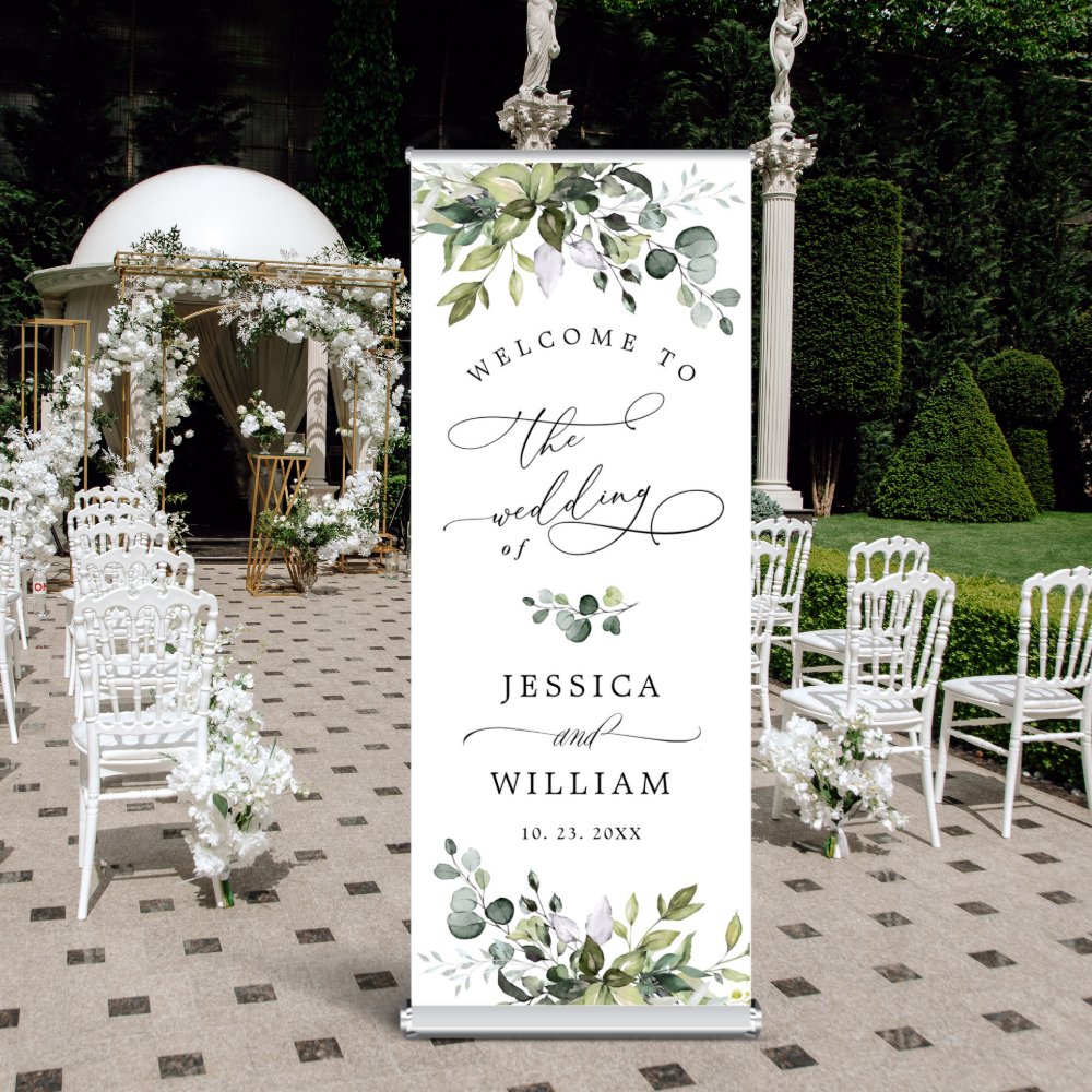 Discover Watercolor Eucalyptus Greenery  Wedding Welcome Retractable Banner