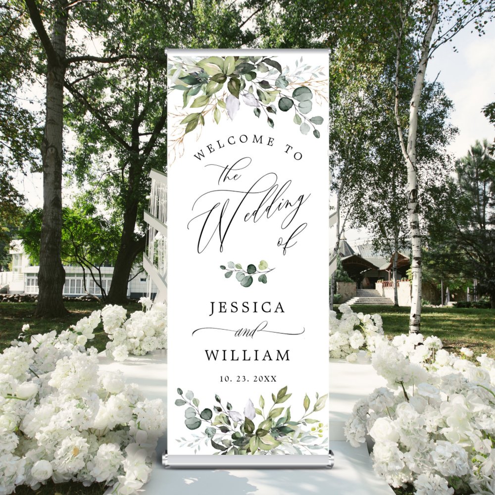 Discover Watercolor Eucalyptus Greenery  Wedding Welcome Retractable Banner
