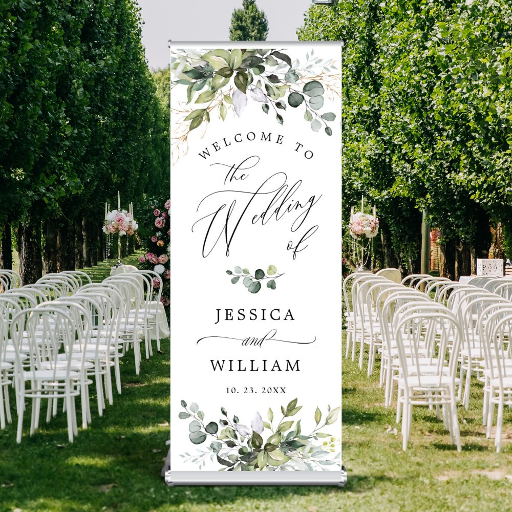 Discover Watercolor Eucalyptus Greenery  Wedding Welcome Retractable Banner