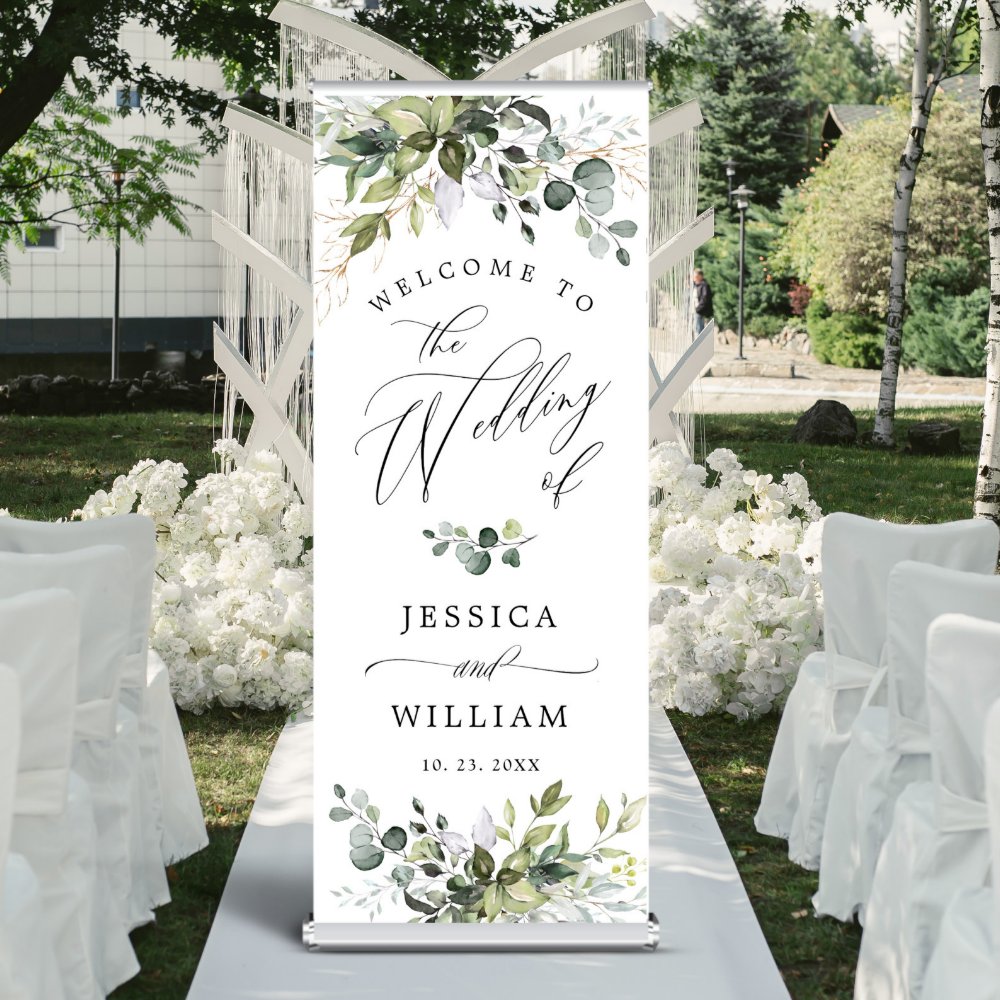 Discover Watercolor Eucalyptus Greenery  Wedding Welcome Retractable Banner