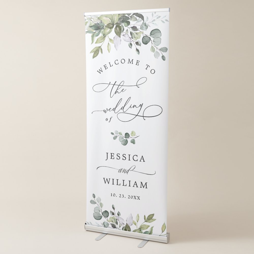Disover Watercolor Eucalyptus Greenery  Wedding Welcome Retractable Banner