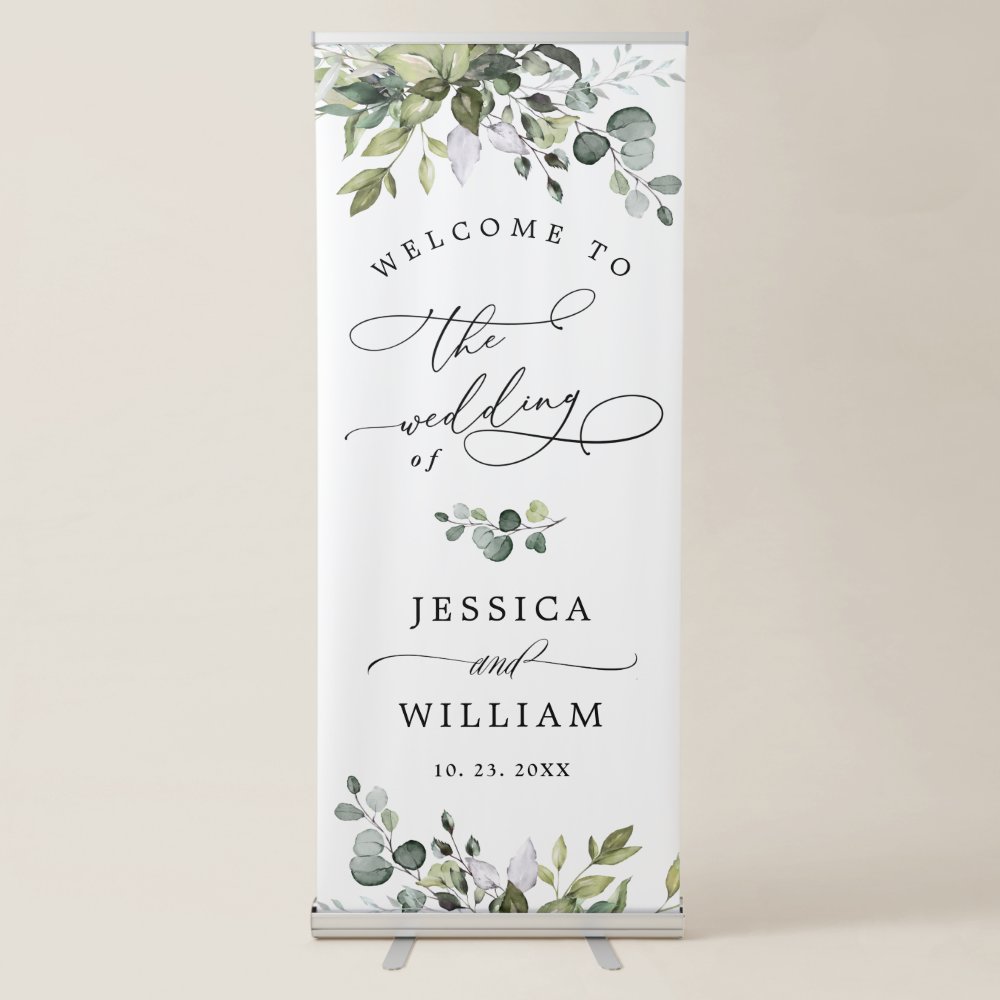 Disover Watercolor Eucalyptus Greenery  Wedding Welcome Retractable Banner