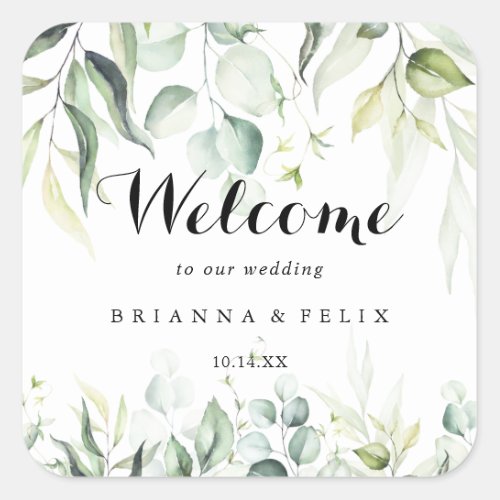 Watercolor Eucalyptus Greenery Wedding Welcome Square Sticker