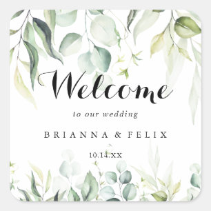 Watercolor Eucalyptus Greenery Wedding Welcome Square Sticker