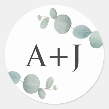 Watercolor Eucalyptus Greenery With Initials Classic Round Sticker by DancingPelican at Zazzle