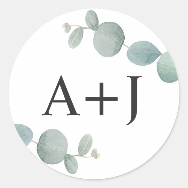 Watercolor Eucalyptus Greenery with Initials Classic Round Sticker (Front)