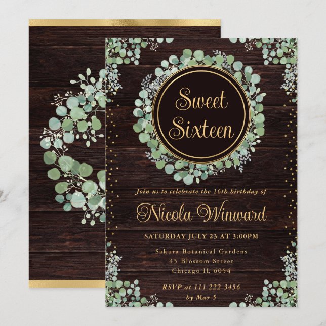 Watercolor Eucalyptus Greenery Wreath Sweet 16 Invitation (Front/Back)