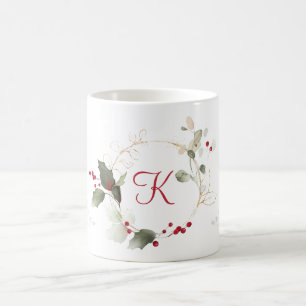 Watercolor Eucalyptus Holly Berry Glitter Holiday Coffee Mug