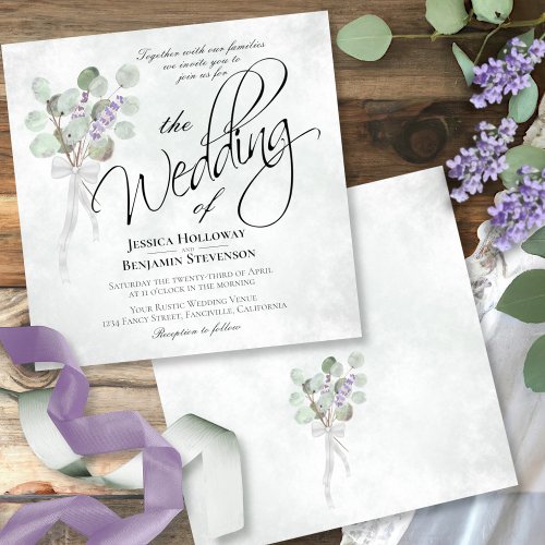 Watercolor Eucalyptus  Lavender Bouquet Wedding Invitation