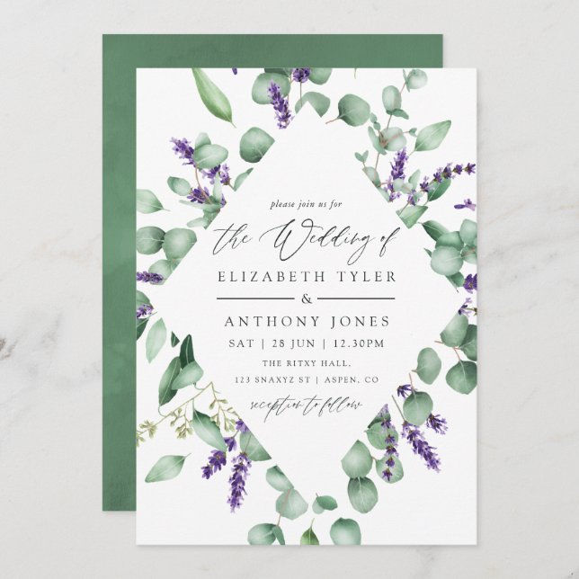 Watercolor Eucalyptus Lavender Greenery Wedding Invitation (Front/Back)
