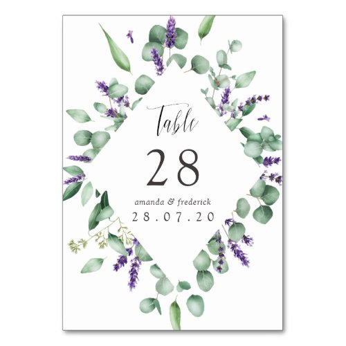 Watercolor Eucalyptus  Lavender Greenery Wedding Table Number