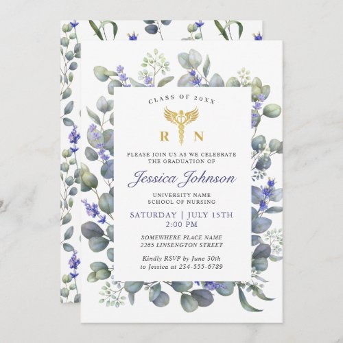 Watercolor Eucalyptus Lavender Nursing Graduation Invitation