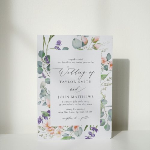 Watercolor Eucalyptus Lavender Peach Wedding Invitation