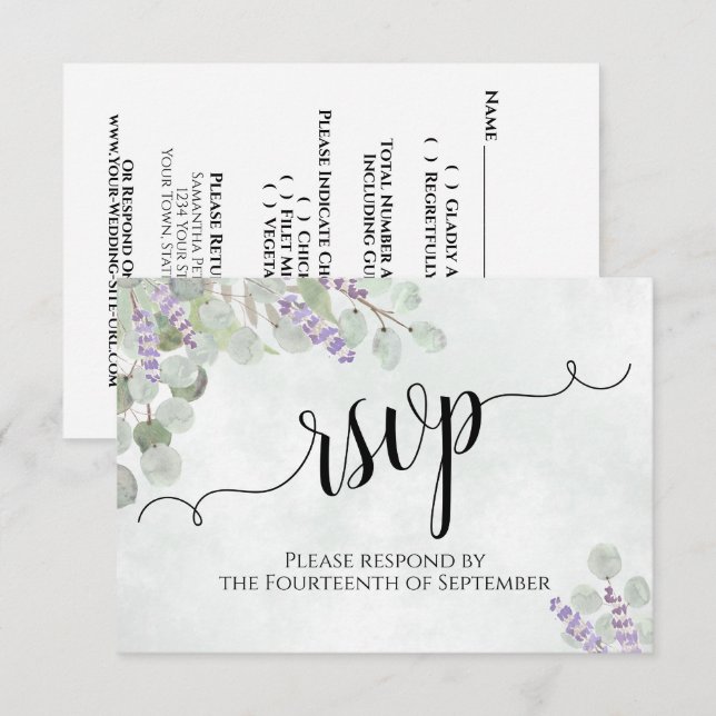 Watercolor Eucalyptus & Lavender Rustic Wedding RSVP Card (Front/Back)