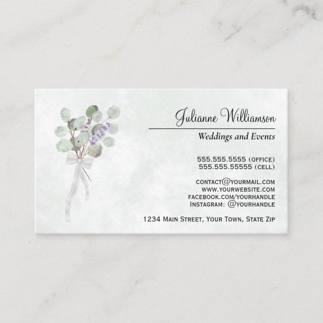 Watercolor Eucalyptus & Lavender Simple Elegant Business Card (Front)