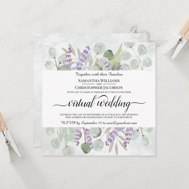 Watercolor Eucalyptus & Lavender Virtual Wedding Invitation (Front/Back In Situ)