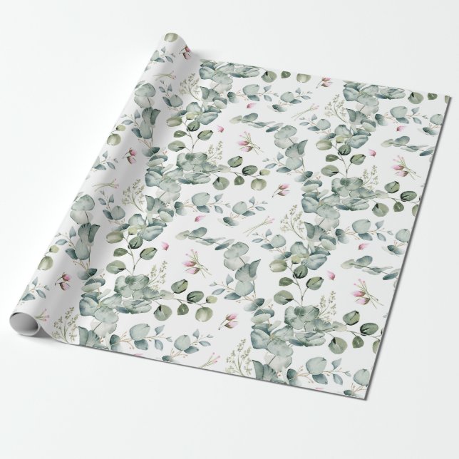  Watercolor Eucalyptus Leaf Branches and Flowers Wrapping Paper (Unrolled)
