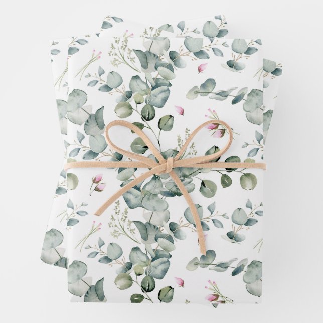  Watercolor Eucalyptus Leaf Branches and Flowers Wrapping Paper Sheets (In situ)