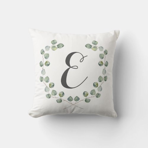 Watercolor Eucalyptus Leaf Frame  Monogram Throw Pillow