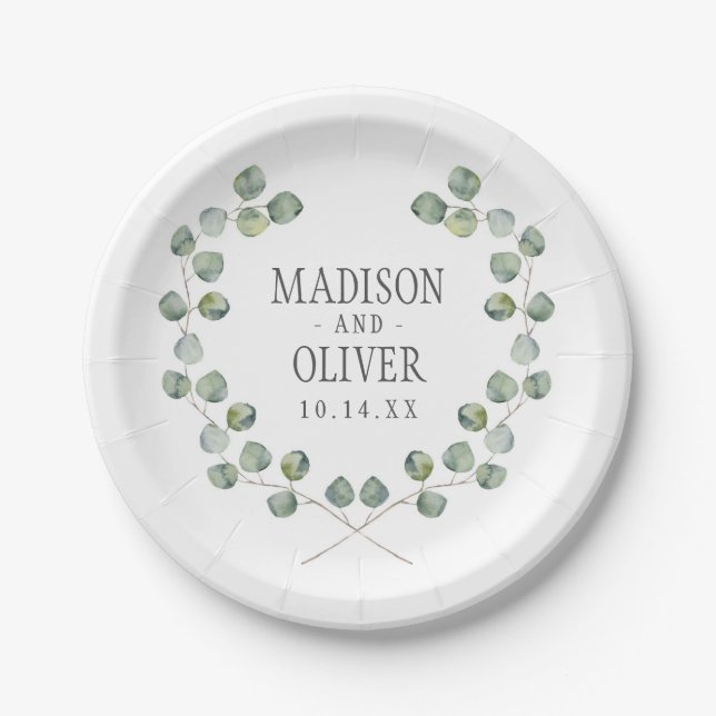Watercolor Eucalyptus Leaf Frame | Wedding Paper Plates (Front)