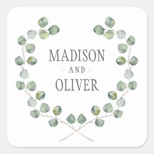 Watercolor Eucalyptus Leaf Frame   Wedding Square Sticker