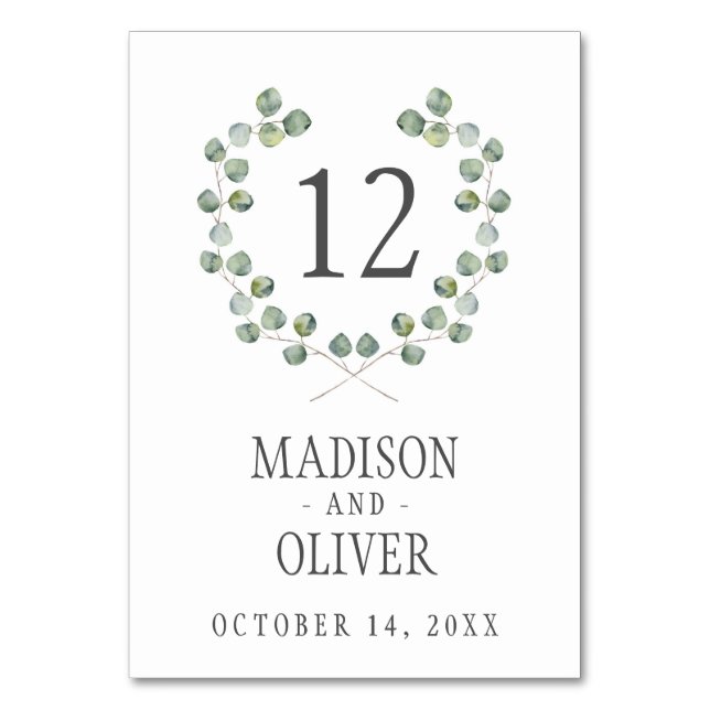 Watercolor Eucalyptus Leaf Frame | Wedding Table Number (Front)
