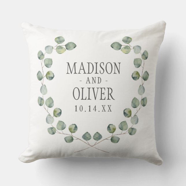 Watercolor Eucalyptus Leaf Frame | Wedding Throw Pillow (Front)