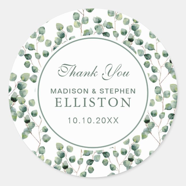 Watercolor Eucalyptus Leaf Pattern | Thank You Classic Round Sticker (Front)