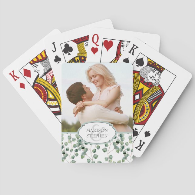Watercolor Eucalyptus Leaf Pattern - Wedding Photo Poker Cards (Back)