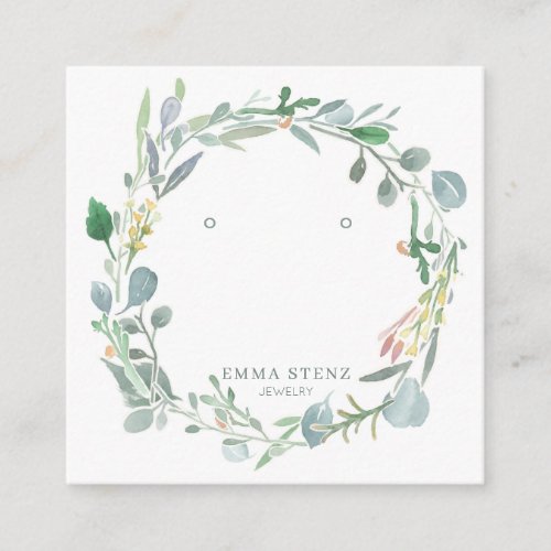 Watercolor Eucalyptus Leafy Wreath Earring Display Square Business Card