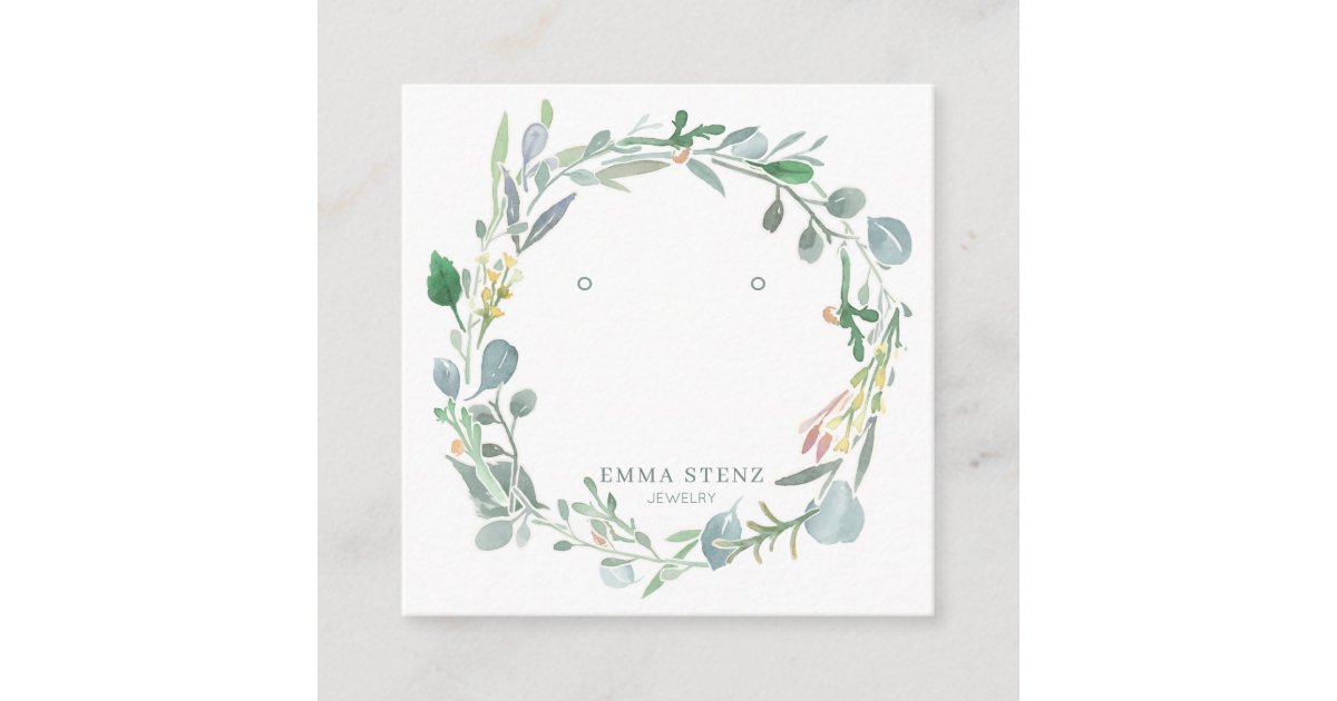 Watercolor Eucalyptus Leafy Wreath Earring Display Square Business Card Zazzle Com
