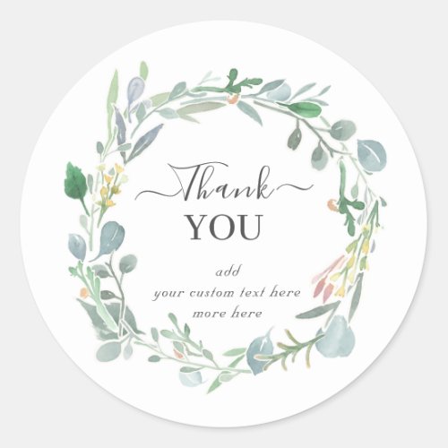 Watercolor Eucalyptus Leafy Wreath Thank You Classic Round Sticker