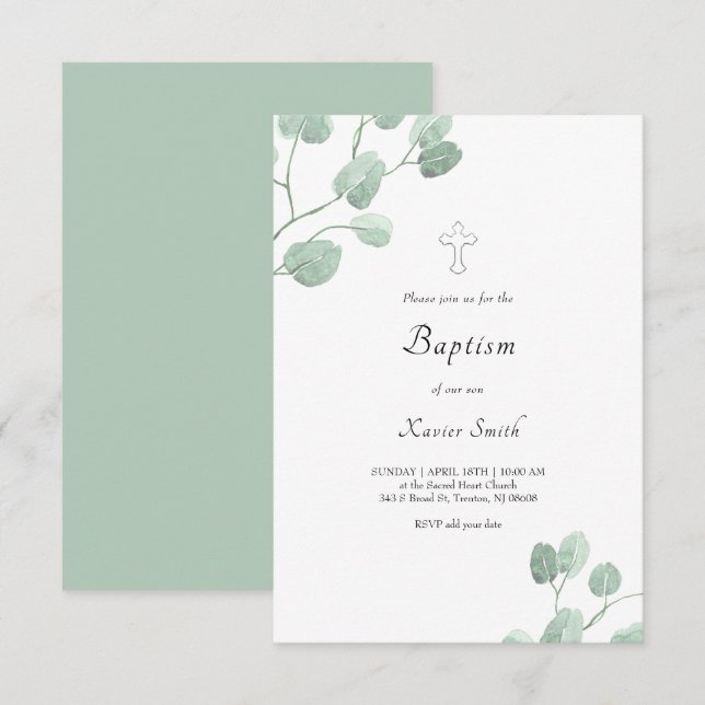 watercolor eucalyptus leaves Baptism Invitation (Front/Back)
