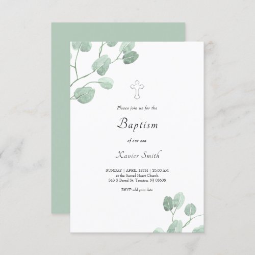 watercolor eucalyptus leaves Baptism Invitation