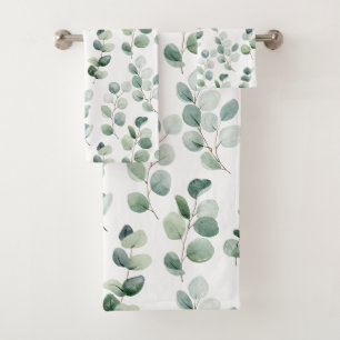 Watercolor eucalyptus leaves bath towel set